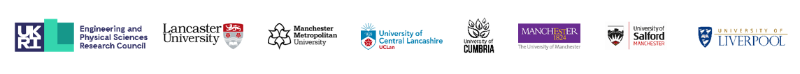 UKRI EPSRC colour logo followed by the partner 7 HEI institution colour logos; LU, MMU, UCLan, UoC, UoM, UoS and UoL